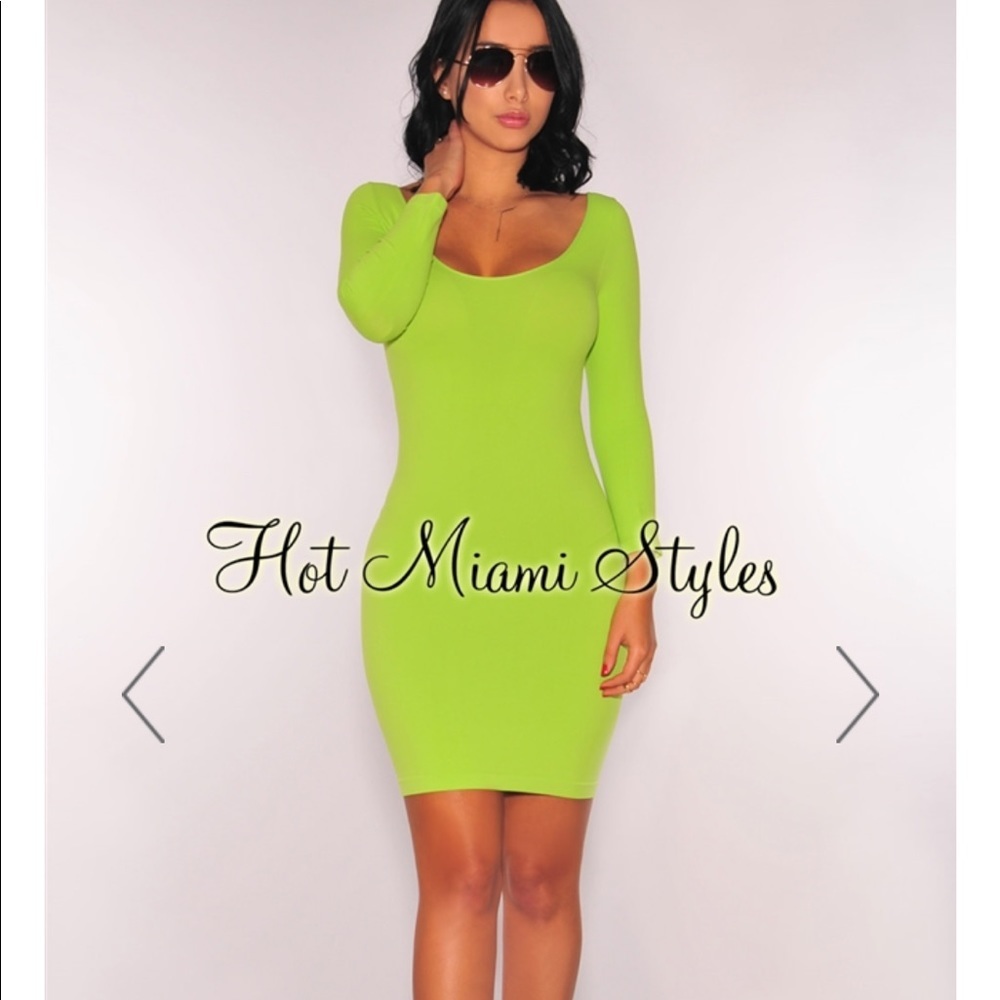 HOT MIAMI STYLES - SEAMLESS BODYCON DRESS LONG SLEEVE LIME GREEN